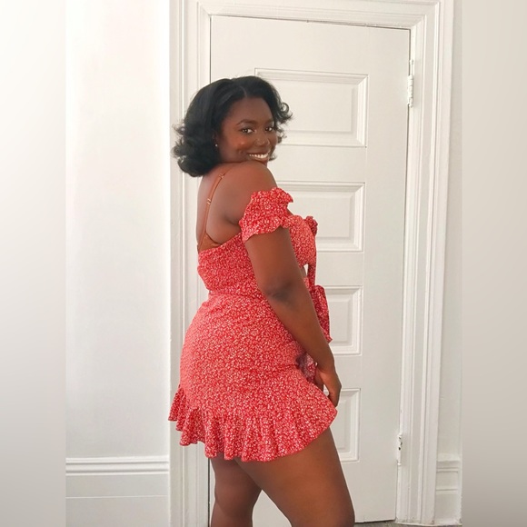 Red Off Shoulder Tie Front Cutout Shirred Back Bardot Ruffle Hem Dress - Picture 3 of 13